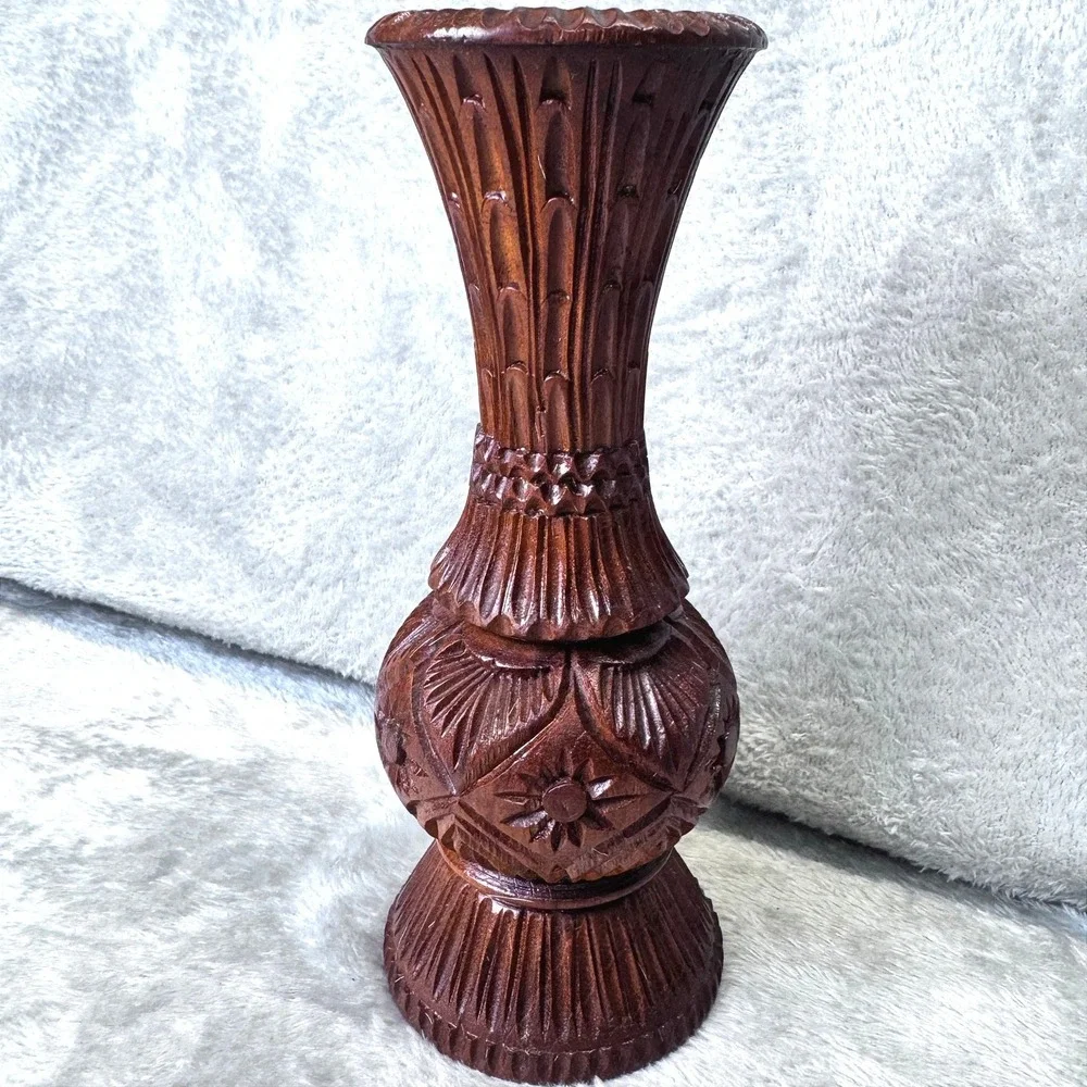 MCM Folk Art Carved Wooden Vase Ornate Floral Design Dark Wood Decorative Accent